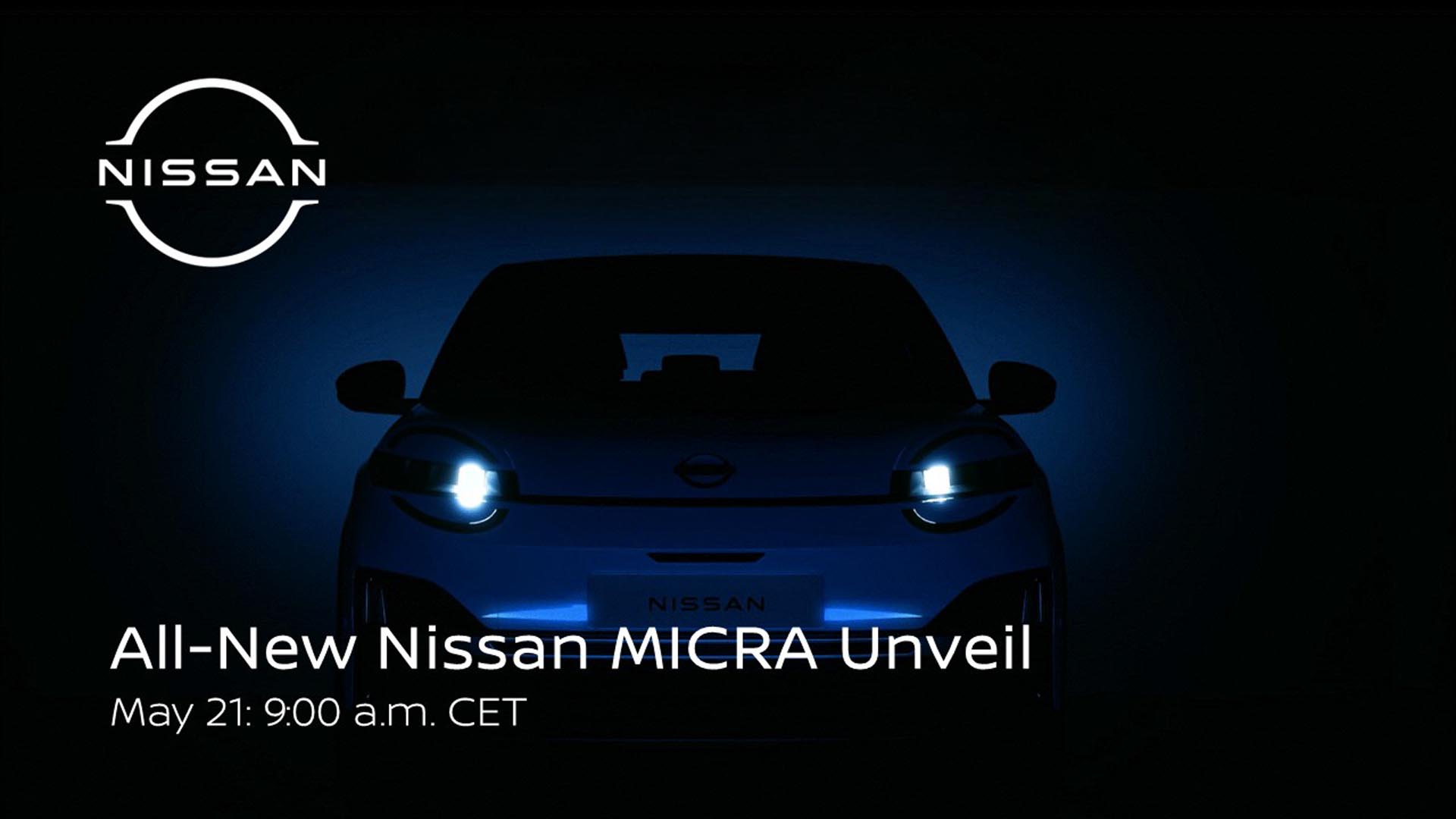 dimmed lights on new Micra with headlamps with text All New Nissan Micra Unveil on 21 May at 9am CET Including Nissan Logo